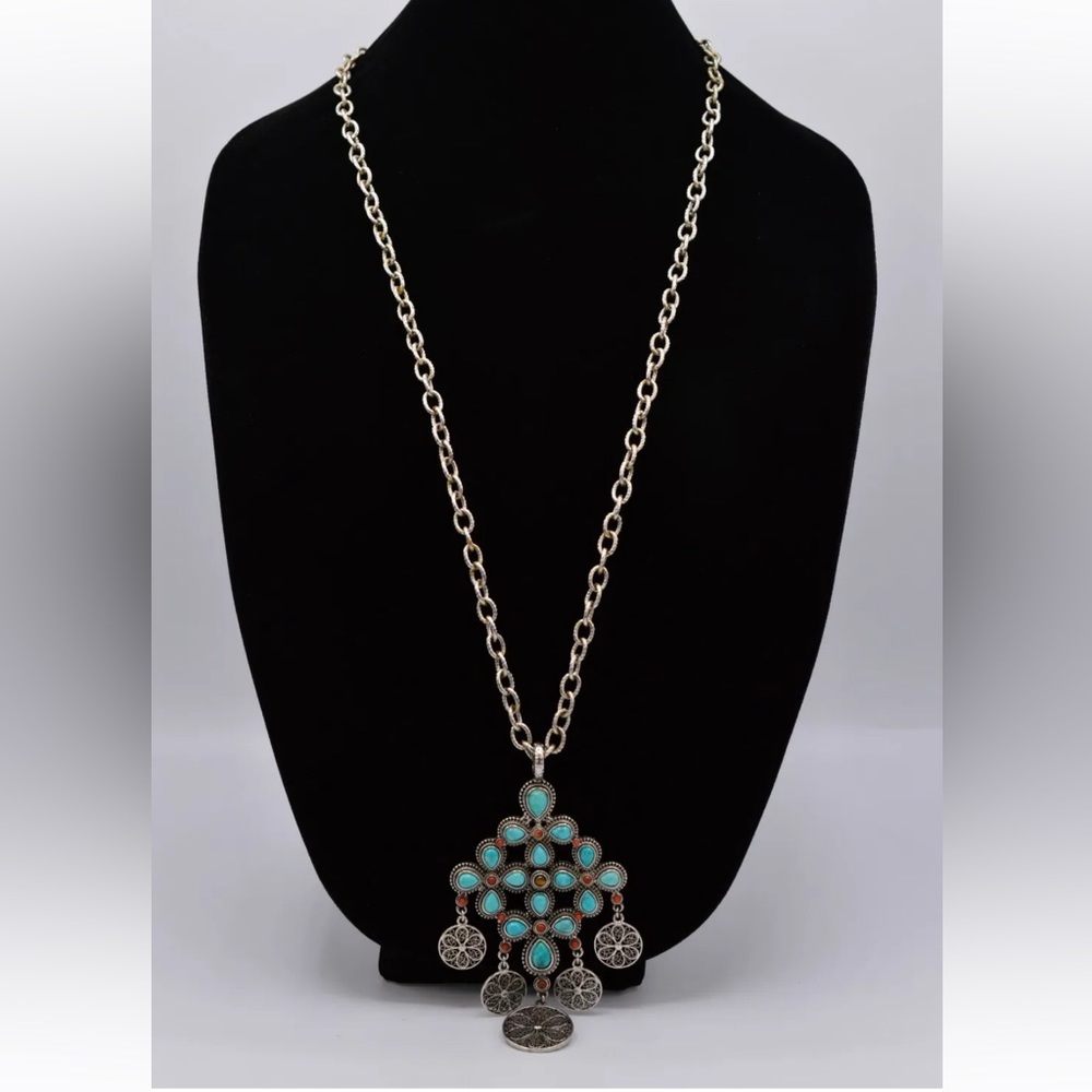 Graziano Vintage Pendant Necklace With Cabochon Turquoise & Silver Floral Coins